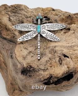 Vtg Large Navajo Sterling Silver Turquoise Dragonfly Pin Brooch Stamped 2½