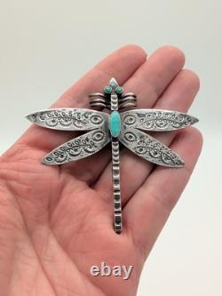 Vtg Large Navajo Sterling Silver Turquoise Dragonfly Pin Brooch Stamped 2½