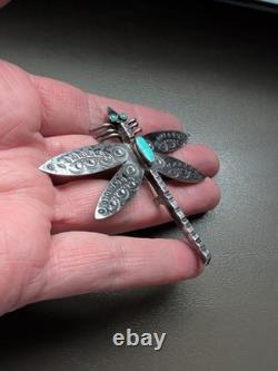 Vtg Large Navajo Sterling Silver Turquoise Dragonfly Pin Brooch Stamped 2½