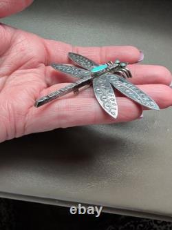 Vtg Large Navajo Sterling Silver Turquoise Dragonfly Pin Brooch Stamped 2½
