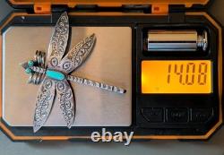 Vtg Large Navajo Sterling Silver Turquoise Dragonfly Pin Brooch Stamped 2½