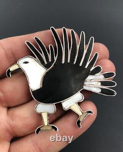 Vtg Large Zuni Sterling Silver Onyx Mother Of Pearl Inlay Eagle Bird Brooch Pin