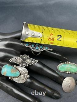 Vtg Lot Navajo Turquoise 3 Rings 1pin, Earrings Sterling Silver