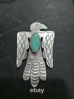 Vtg NAVAJO Old FRED Harvey Era Sterling THUNDERBIRD PIN 4 INCHES HUGE TURQUOISE