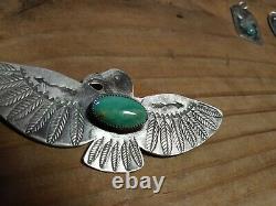Vtg NAVAJO Old FRED Harvey Era Sterling THUNDERBIRD PIN 4 INCHES HUGE TURQUOISE