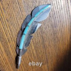 Vtg Native American Ben Livingston Sterling Inlaid Turquoise 3.5 Feather Pin