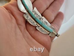Vtg Native American Ben Livingston Sterling Inlaid Turquoise 3.5 Feather Pin