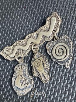 Vtg Native American Heavy Signed sterling silver petroglyph pin/brooch