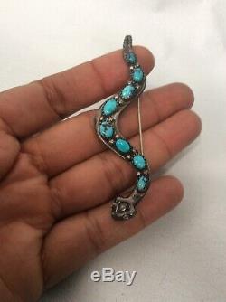 Vtg Native American Navajo sterling Silver turquoise Snake Pin Brooch