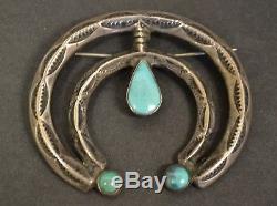 Vtg Native American Old Pawn Sterling Silver Turquoise Squash Like Pin Brooch