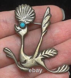 Vtg Native American Sand Cast Sterling Silver Turquoise Roadrunner Brooch Pin