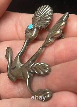 Vtg Native American Sand Cast Sterling Silver Turquoise Roadrunner Brooch Pin