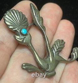 Vtg Native American Sand Cast Sterling Silver Turquoise Roadrunner Brooch Pin