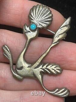 Vtg Native American Sand Cast Sterling Silver Turquoise Roadrunner Brooch Pin