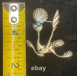 Vtg Native American Sand Cast Sterling Silver Turquoise Roadrunner Brooch Pin