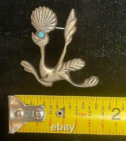 Vtg Native American Sand Cast Sterling Silver Turquoise Roadrunner Brooch Pin