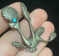 Vtg Native American Sand Cast Sterling Silver Turquoise Roadrunner Brooch Pin