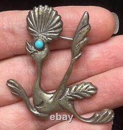 Vtg Native American Sand Cast Sterling Silver Turquoise Roadrunner Brooch Pin