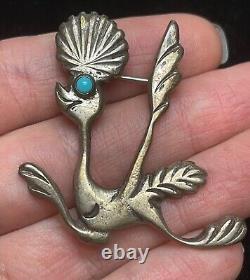 Vtg Native American Sand Cast Sterling Silver Turquoise Roadrunner Brooch Pin