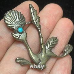 Vtg Native American Sand Cast Sterling Silver Turquoise Roadrunner Brooch Pin