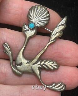 Vtg Native American Sand Cast Sterling Silver Turquoise Roadrunner Brooch Pin