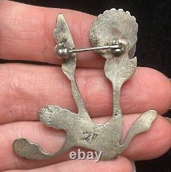 Vtg Native American Sand Cast Sterling Silver Turquoise Roadrunner Brooch Pin