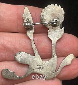 Vtg Native American Sand Cast Sterling Silver Turquoise Roadrunner Brooch Pin