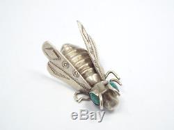 Vtg Native American Silver Stamped Design Insect Cicada with Turquoise Eyes Brooch