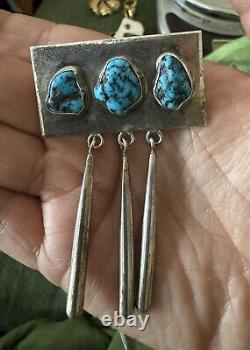 Vtg Native American Sterling Silver Brooch Pin Turquoise Cabochon Dangles AY