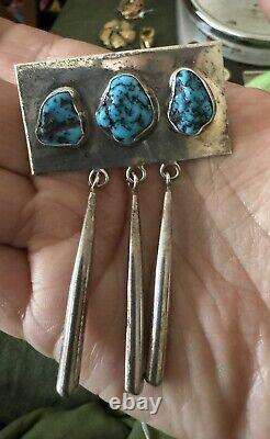 Vtg Native American Sterling Silver Brooch Pin Turquoise Cabochon Dangles AY