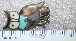 Vtg Native American Turquoise Shell Inlay Owl Brooch Pin 1-5/16