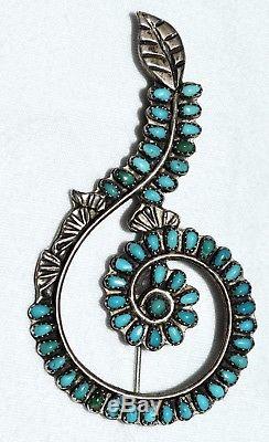 Vtg Native American Zuni Petit Point Turquoise Sterling Silver Treble Clef Pin