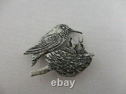 Vtg Native American Zuni Signed Hmc Sterling Silver Bird W Babies In Nest Brooch