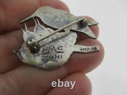 Vtg Native American Zuni Signed Hmc Sterling Silver Bird W Babies In Nest Brooch