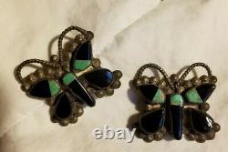 Vtg Native American Zuni Silver Turquoise Onyx Butterfly Pin butterflys