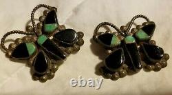 Vtg Native American Zuni Silver Turquoise Onyx Butterfly Pin butterflys