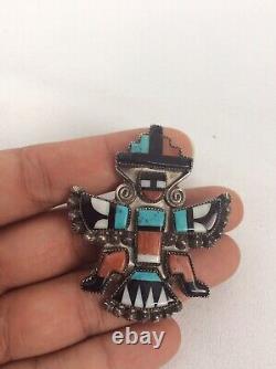 Vtg Native American Zuni Sterling turquoise Coral Knifewing Pin Brooch