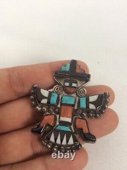 Vtg Native American Zuni Sterling turquoise Coral Knifewing Pin Brooch