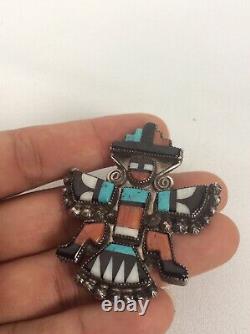 Vtg Native American Zuni Sterling turquoise Coral Knifewing Pin Brooch