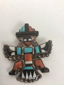 Vtg Native American Zuni Sterling turquoise Coral Knifewing Pin Brooch