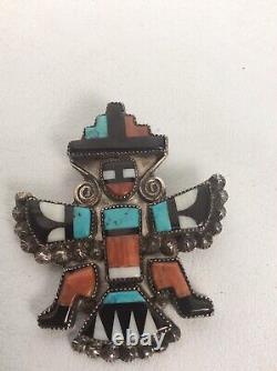 Vtg Native American Zuni Sterling turquoise Coral Knifewing Pin Brooch