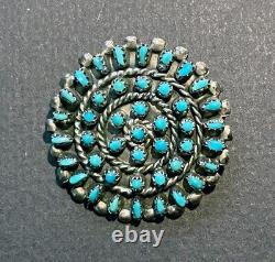 Vtg Native American Zuni petit point turquoise sterling silver round pin/pendant