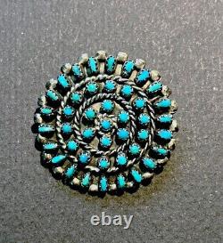 Vtg Native American Zuni petit point turquoise sterling silver round pin/pendant