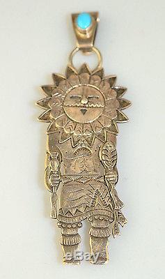 Vtg Navajo F. Charley Sterling Silver Sun Face Kachina Turquoise Pin Or Pendant