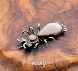 Vtg Navajo Handmade Sterling Silver Pink Mother Of Pearl Bug Insect Brooch Pin