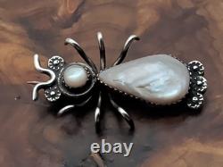 Vtg Navajo Handmade Sterling Silver Pink Mother Of Pearl Bug Insect Brooch Pin