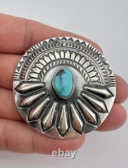 Vtg Navajo Sterling Silver Bisbee Turquoise Stamped Concho Round Brooch Pin 2