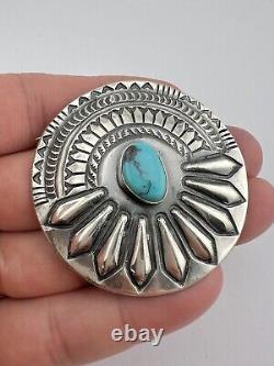 Vtg Navajo Sterling Silver Bisbee Turquoise Stamped Concho Round Brooch Pin 2