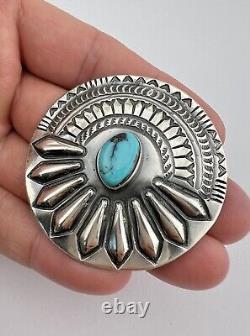 Vtg Navajo Sterling Silver Bisbee Turquoise Stamped Concho Round Brooch Pin 2