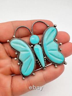 Vtg Navajo Sterling Silver Carved Turquoise Butterfly Brooch Pin Pendant 2.25